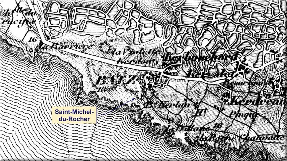 Localisation du chalet Saint-Michel-du-Rocher sur un plan de 1850.