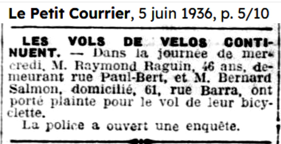 Vol de la bicyclette de Raymond Raguin.