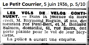Vol de la bicyclette de Raymond Raguin.