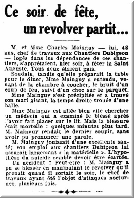 La mort tragique de Charles Mainguy, relat&eacute;e par le jounal Le Phare de la Loire du 28 ao&ucirc;t 1925.